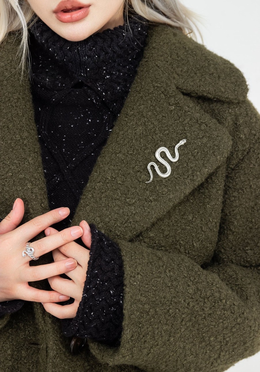 Clothing RIV1 | Gorgon Boucle Oversized Coat With Snake Brooch - Green