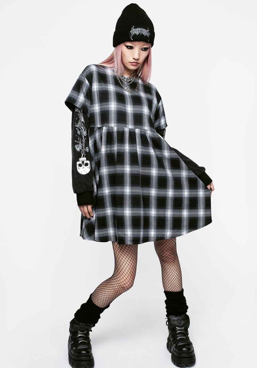 Clothing YAN1 | Hypnos Layered Sleeve Check Mini Smock Dress