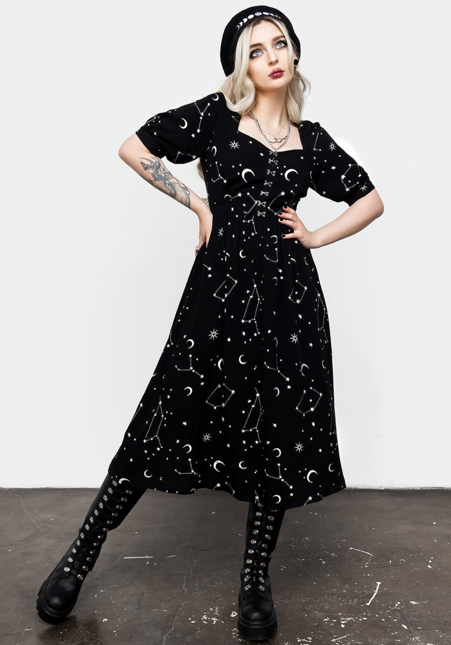 Clothing LVT1 | Silver Celestial Print Sweetheart Midi Dress