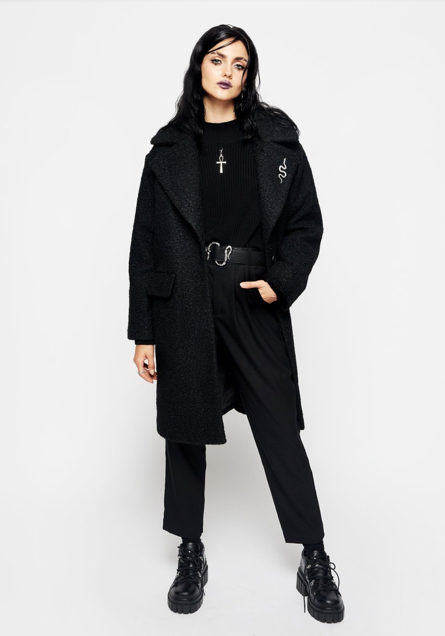 Clothing RIV1 | Gorgon Boucle Oversized Coat With Snake Brooch - Black