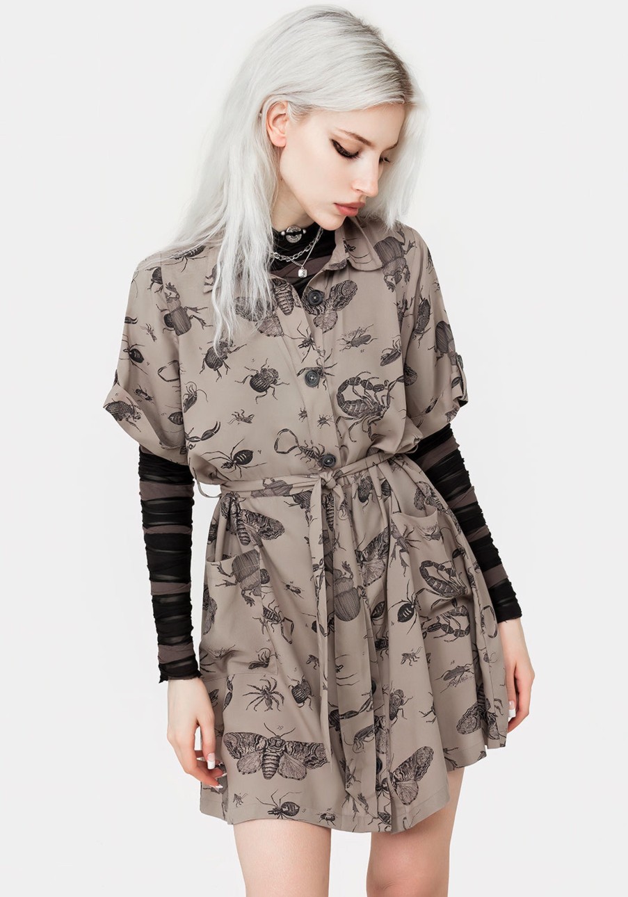 Clothing ISL1 | Parasite Bugs Print Mini Short Sleeve Shirt Dress - Taupe